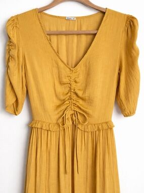 Oysho Yellow Maxi Dress Ruched Front Boho Cottagecore Romantic Peasant SZ Small
